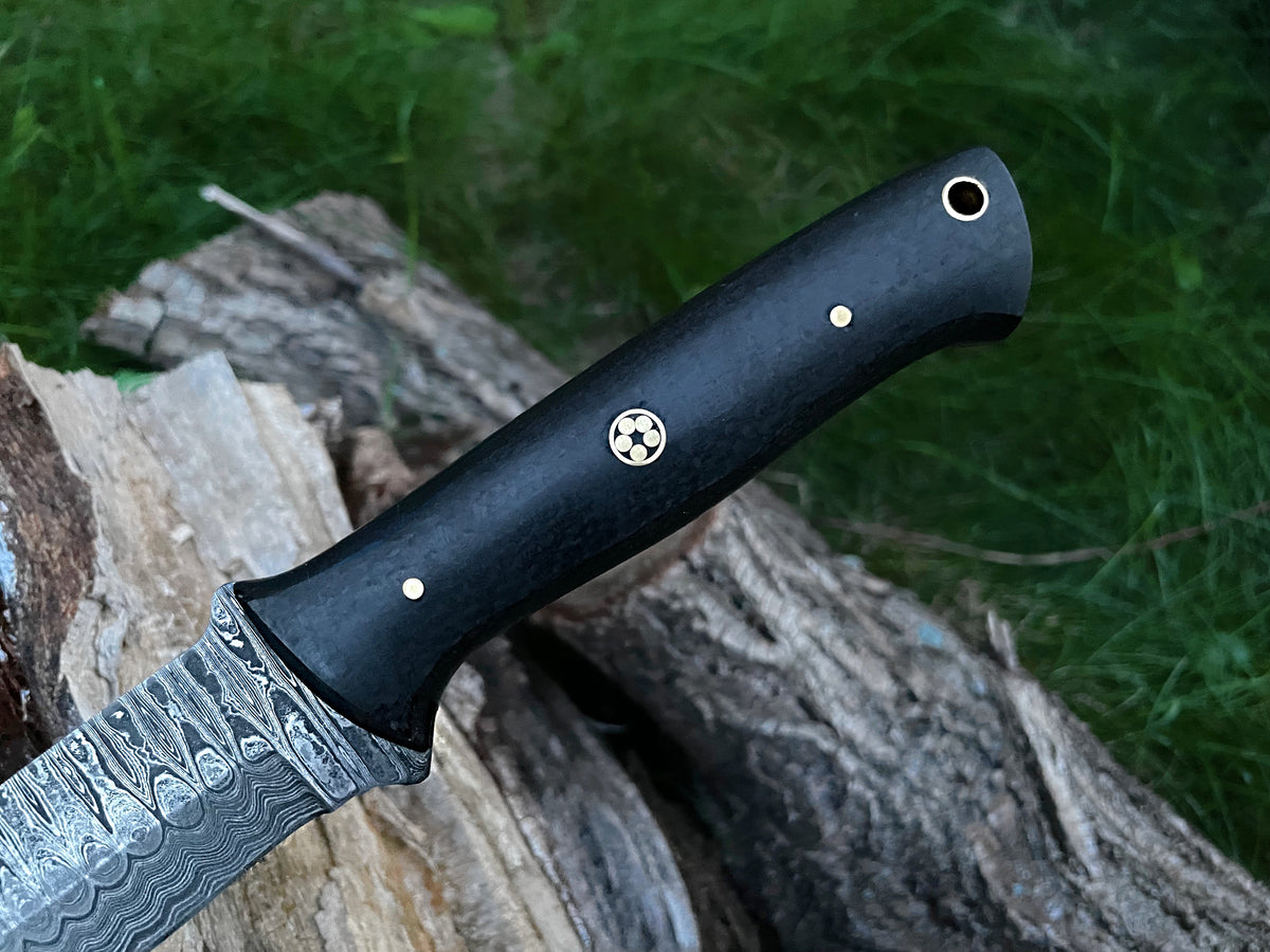 Custom handmade Damascus steel brush-craft blade TK-012 with C-Fiber scales and dark handle on Tampa Home & Garden Store