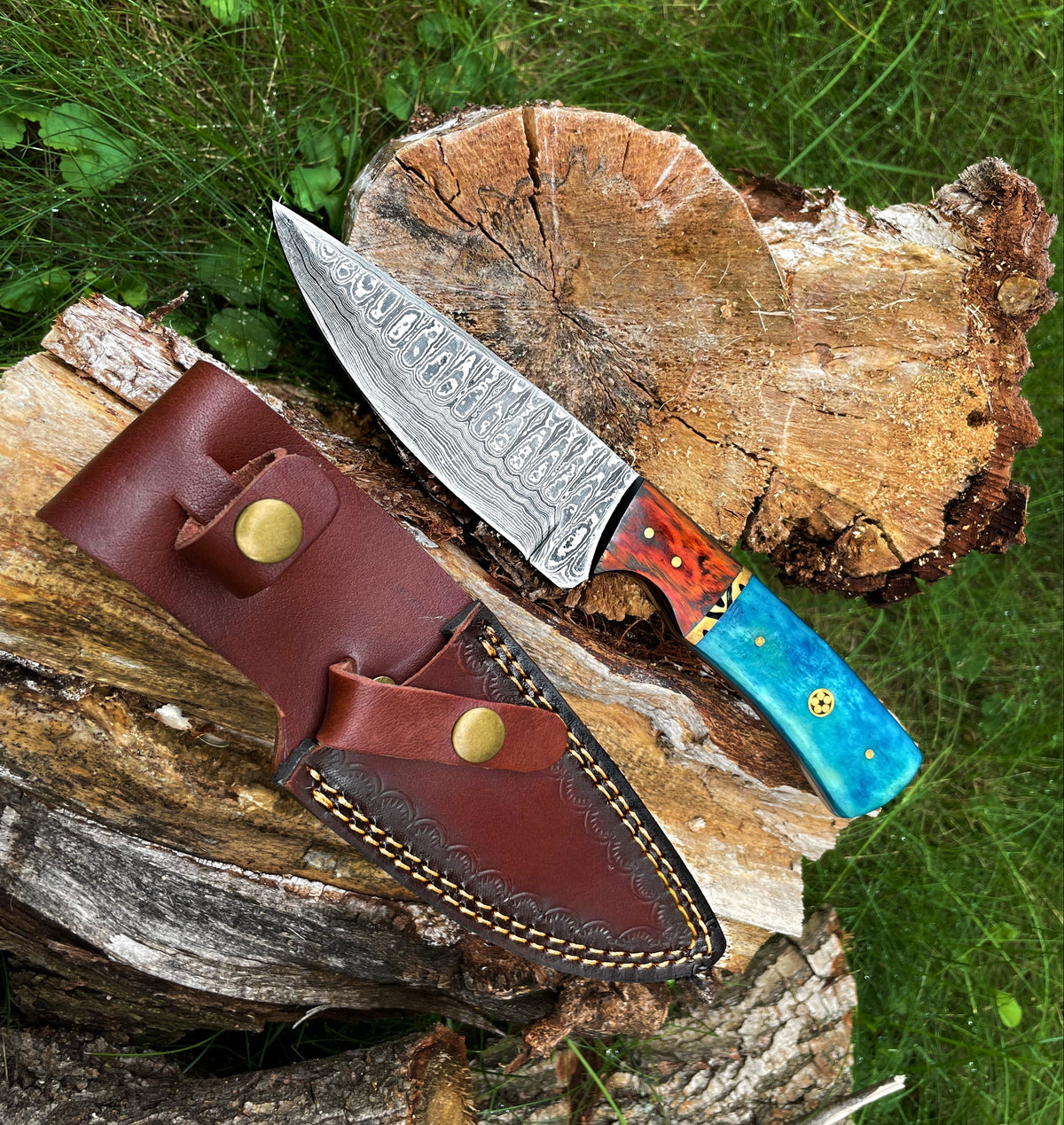 Damascus hunting knife Titan TK-014 Garnet Starlight with blue turquoise handle on Tampa Home & Garden Store