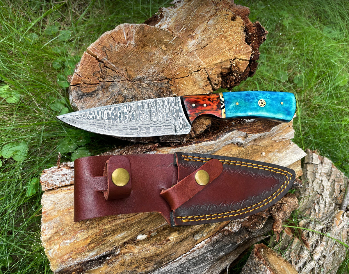 Damascus knife Titan TK-014 hunting knife with turquoise blue handle and damascus blade on Tampa Home & Garden Store