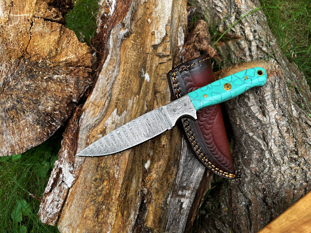 Damascus steel hunting knife with turquoise acrylic scales TK-016 in brown leather sheath on Tampa Home & Garden Store