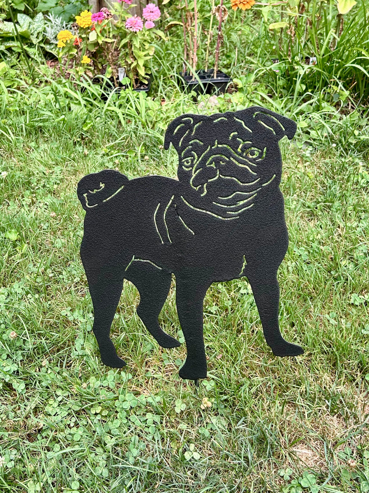 Pug garden stake silhouette in black metal for lawn or wall hanging on Tampa Home & Garden Store