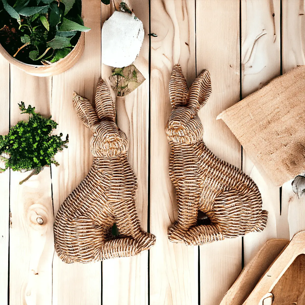 Resin Basket Weave Bunny Decor For Spring Tables