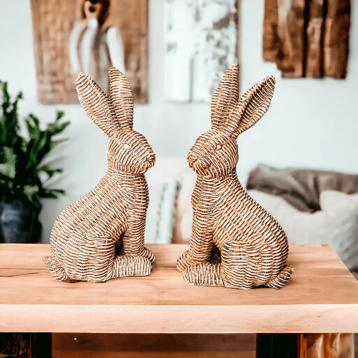 Resin Basket Weave Bunny Decor For Spring Tables