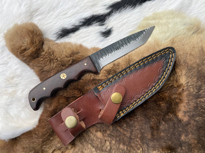 Carbon steel tanto TC-065 knife with wooden handle and brown leather sheath on Tampa Home & Garden Store