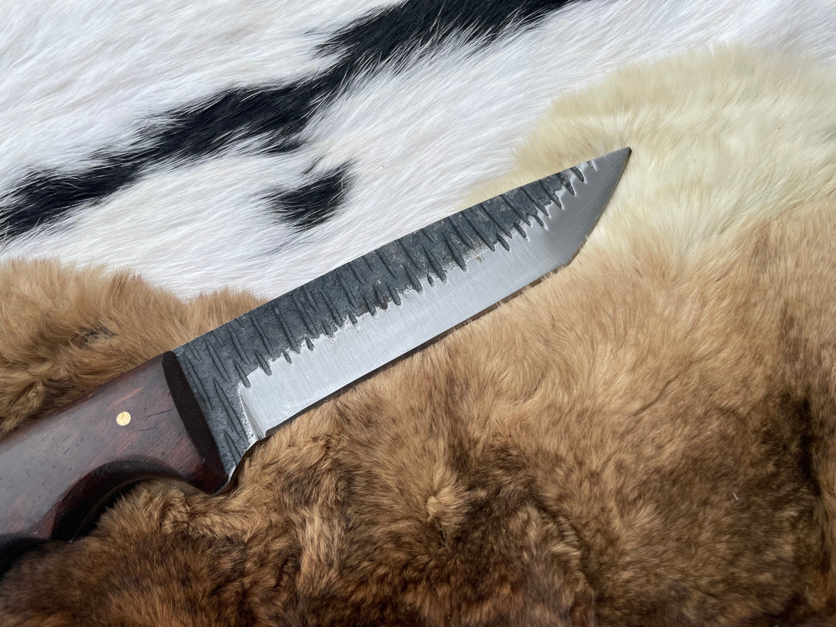 Carbon steel tanto TC-065 knife by Titan International K with serrated edge and wood handle on Tampa Home & Garden Store