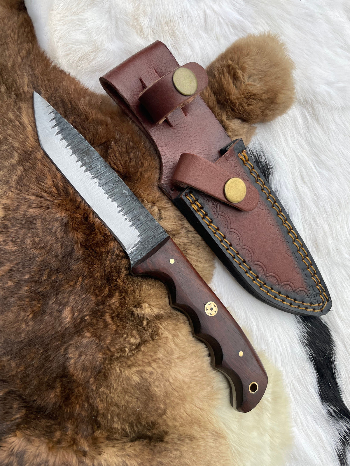 Carbon steel Tanto TC-065 knife by Titan International K with wood handle and brown leather sheath on Tampa Home & Garden Store