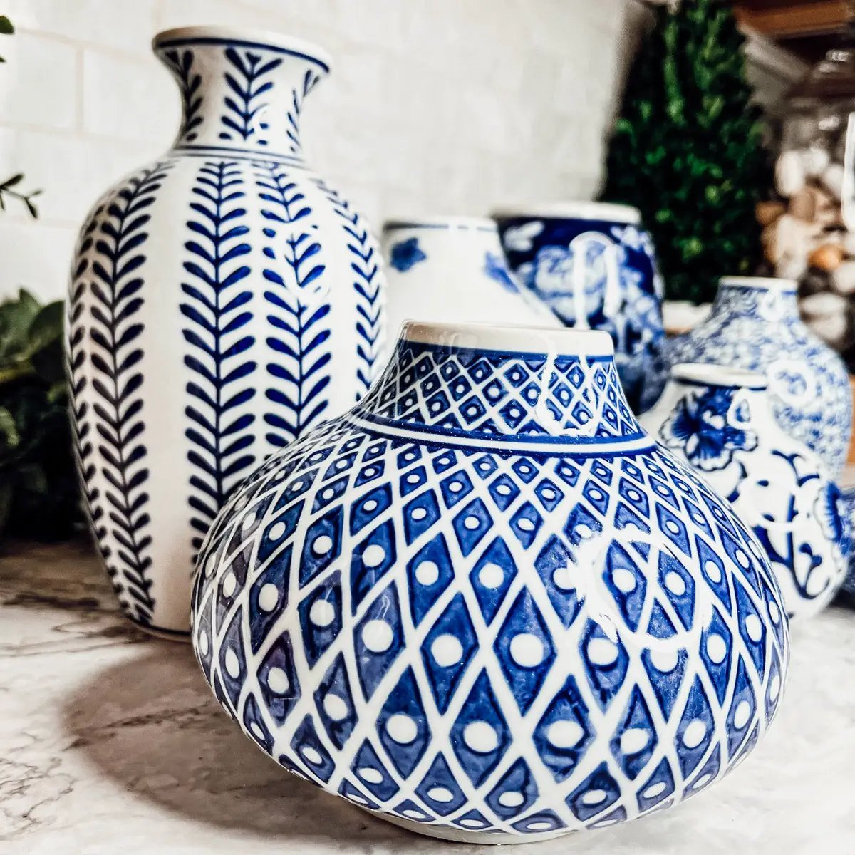 Samira Blue Porcelain Vase set in blue and white ceramic with lattice pattern by Gia Roma on Tampa Home & Garden Store