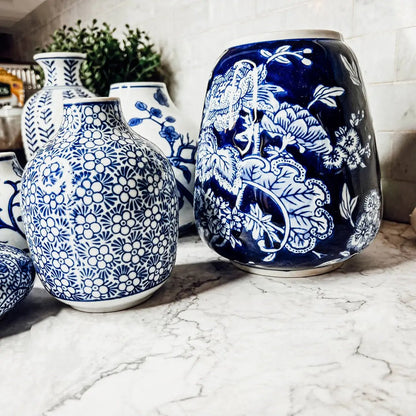 Samira blue porcelain vases with white floral patterns, Gia Roma ceramic set of multiple vases on Tampa Home & Garden Store