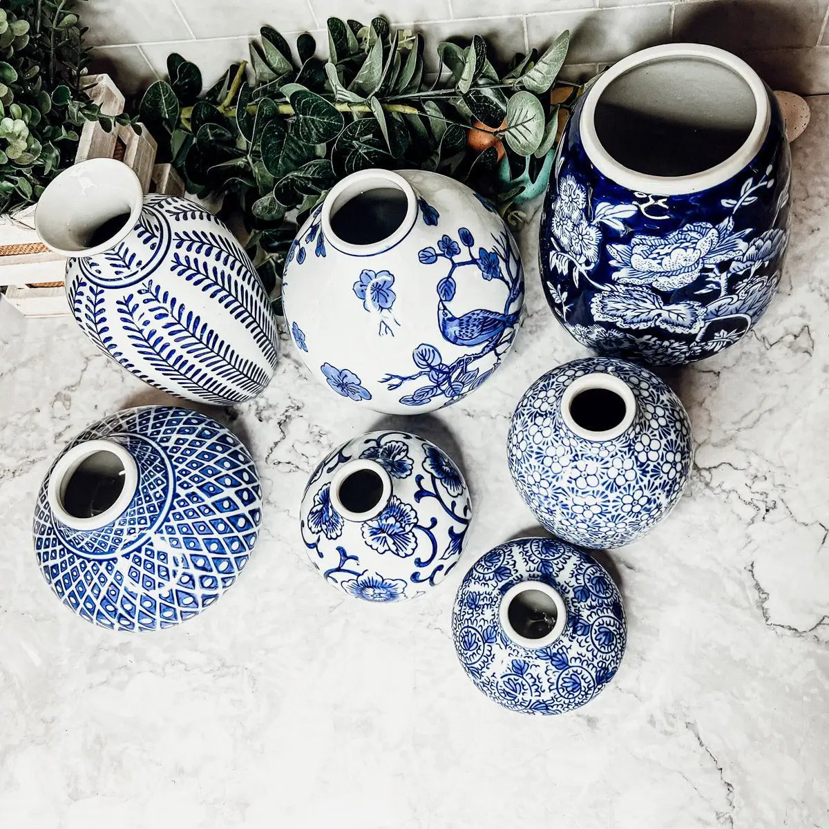 Samira Blue Porcelain Vases Gia Roma set of seven in blue and white patterns on Tampa Home & Garden Store