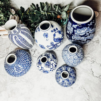 Samira Blue Porcelain Vases Gia Roma set of seven in blue and white patterns on Tampa Home & Garden Store