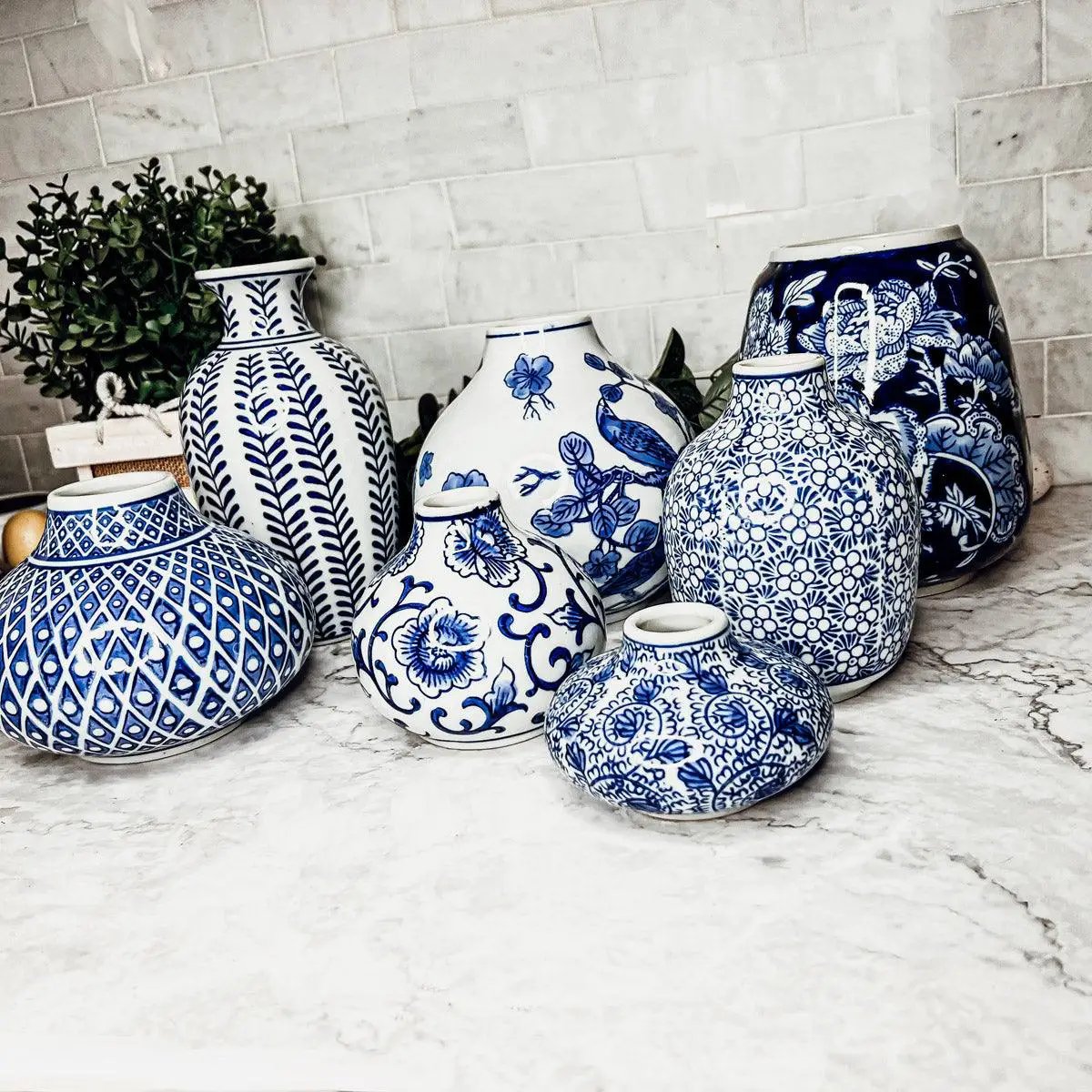 Samira blue porcelain vases set by Gia Roma, blue and white floral and leaf patterns on Tampa Home & Garden Store
