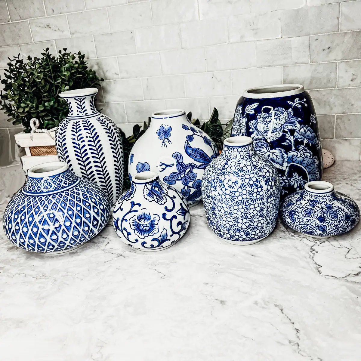 Samira blue porcelain vases by Gia Roma, blue and white ceramic collection in eight shapes on Tampa Home & Garden Store