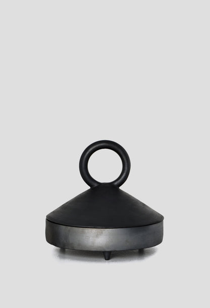 Shallow serving bowl with lid, black metal, ring handle by Creating Comfort Guculia Shadow on Tampa Home & Garden Store