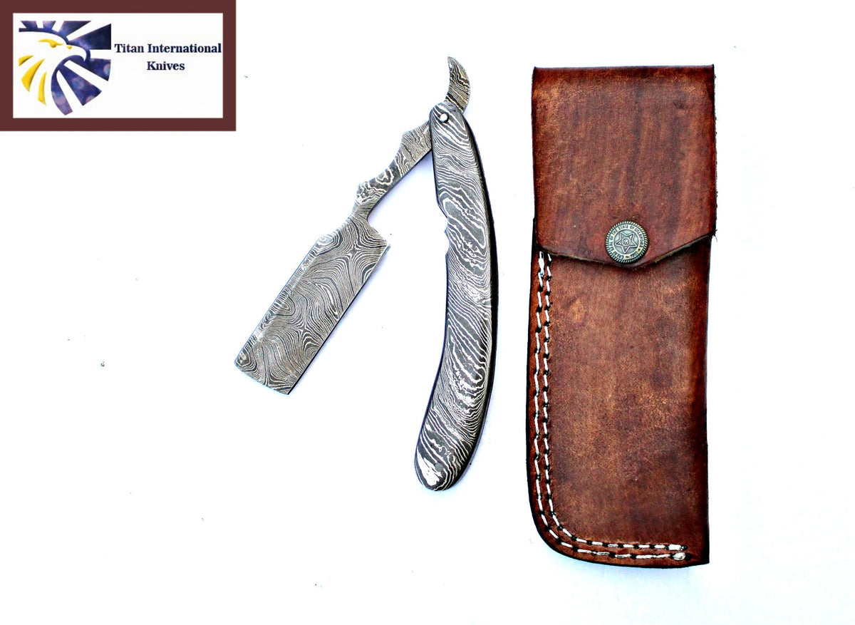 TD-041 Titan International K damascus knife with brown leather sheath on Tampa Home & Garden Store