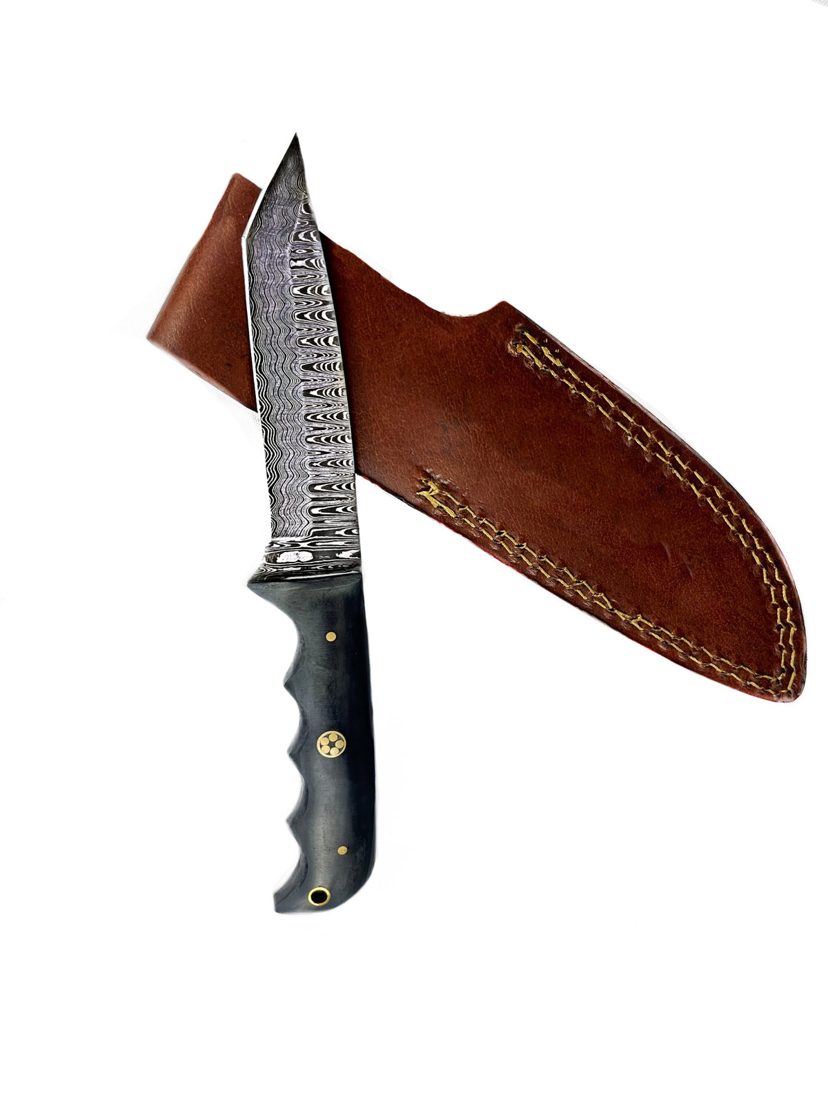 Titan Cavalry Damascus steel tanto EDC knife TD-010-B with black handle and leather sheath on Tampa Home & Garden Store