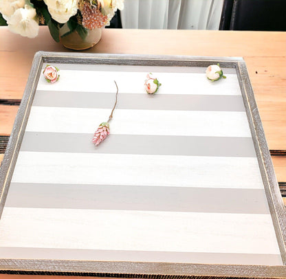 Wooden Charger Tray With Gray and White Stripe