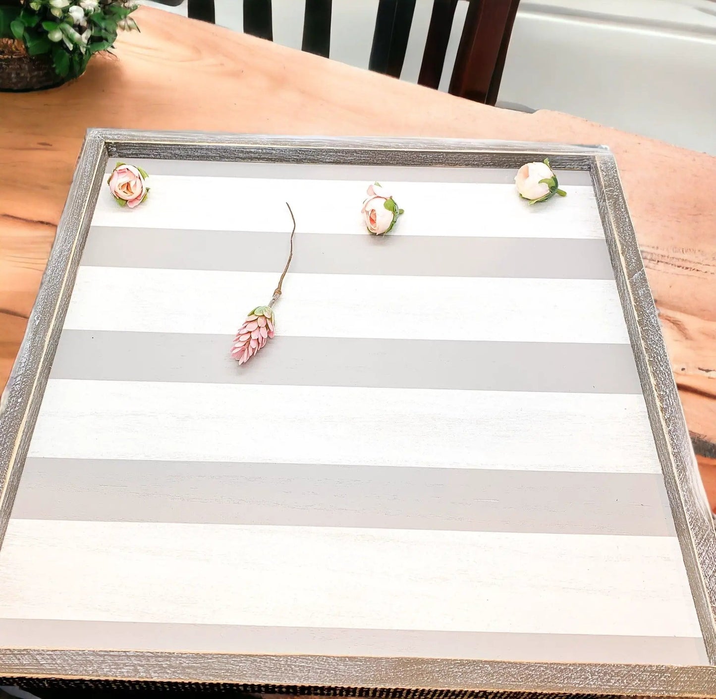 Wooden Charger Tray With Gray and White Stripe