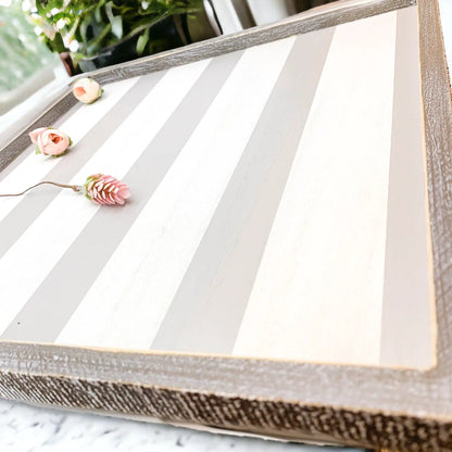 Wooden Charger Tray With Gray and White Stripe
