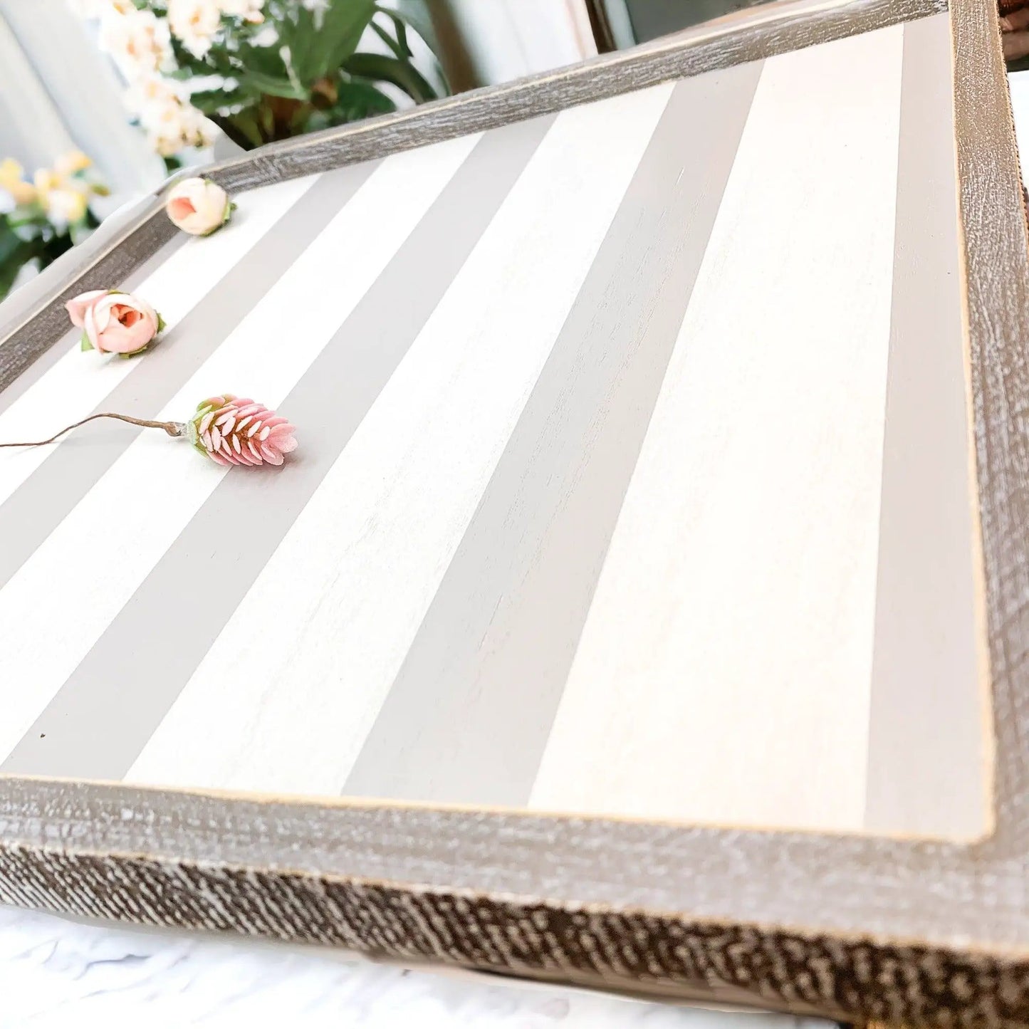 Wooden Charger Tray With Gray and White Stripe
