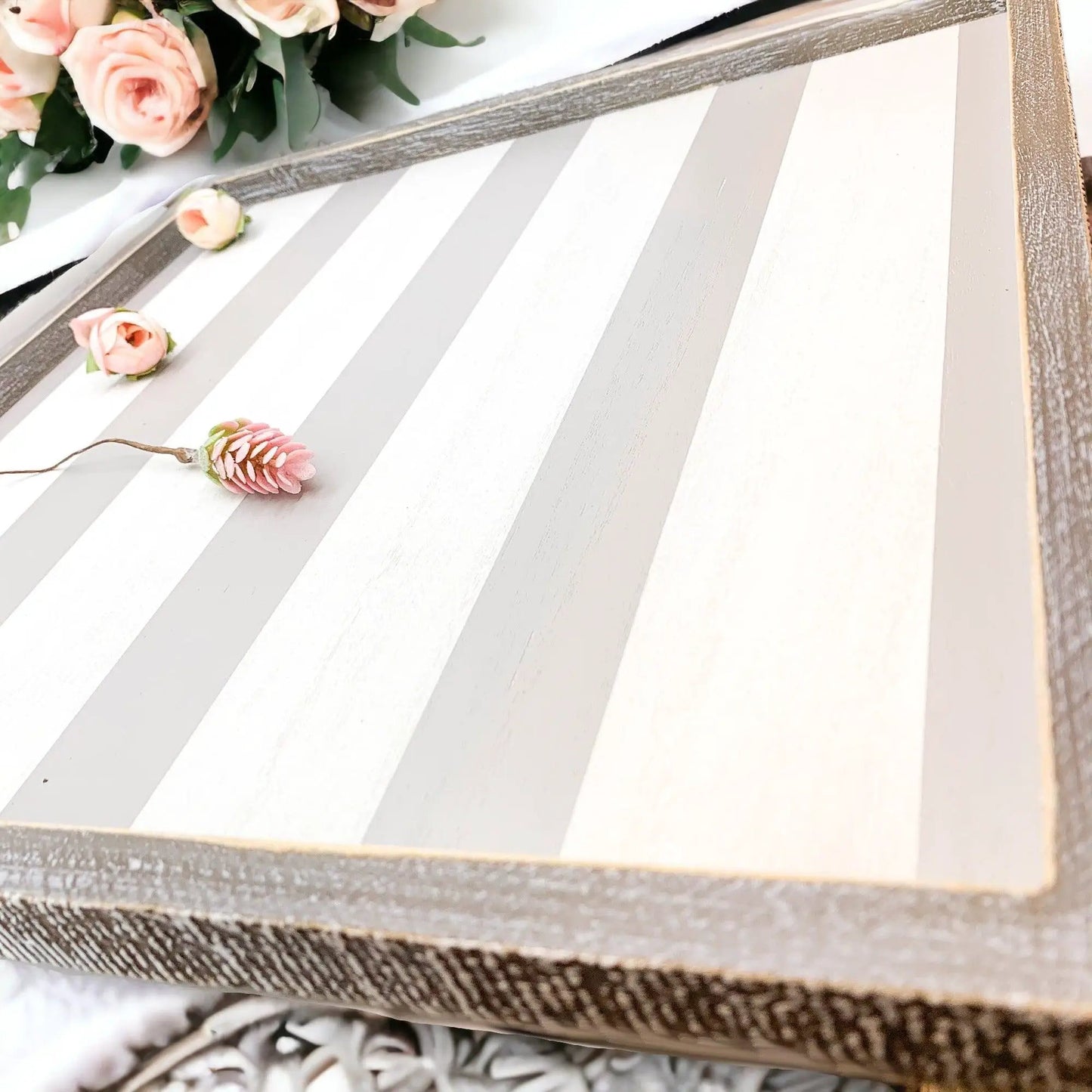 Wooden Charger Tray With Gray and White Stripe