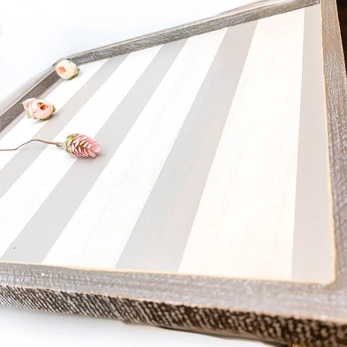 Wooden Charger Tray With Gray and White Stripe