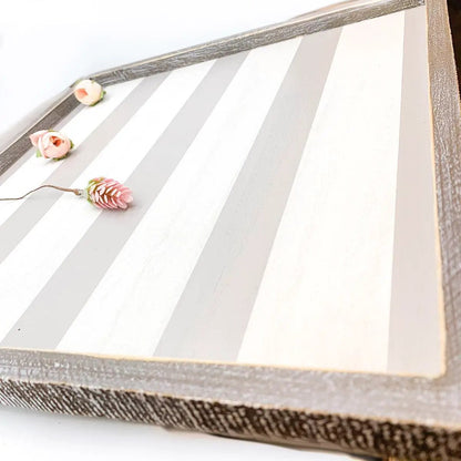Wooden Charger Tray With Gray and White Stripe