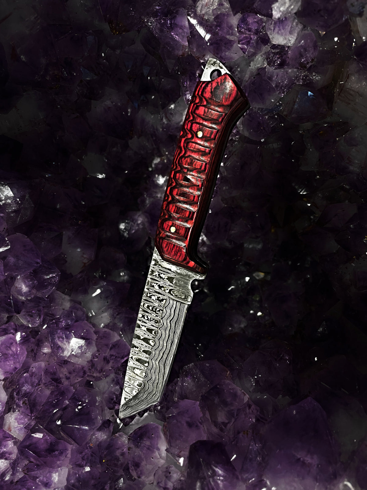 Titan Diver Damascus EDC knife with red cherry wood handle and patterned blade on Tampa Home & Garden Store