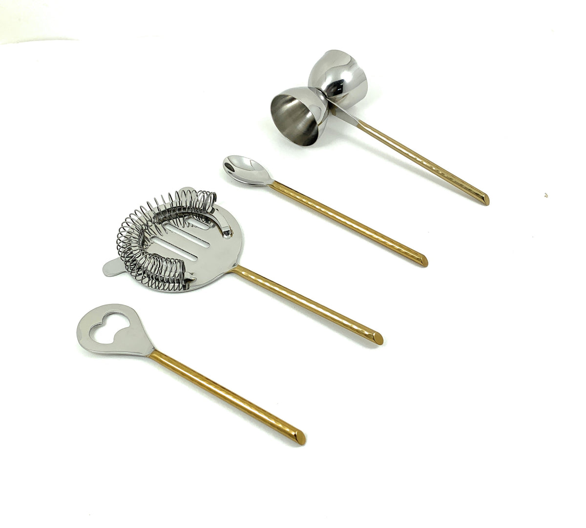 Vibhsa 4pc bar tools kit hammered gold PVD stainless: double jigger, bar spoon, strainer on Tampa Home & Garden Store