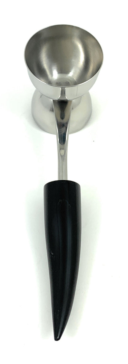 Vibhsa jigger bar tool with black horn resin handle and stainless steel cup on Tampa Home & Garden Store