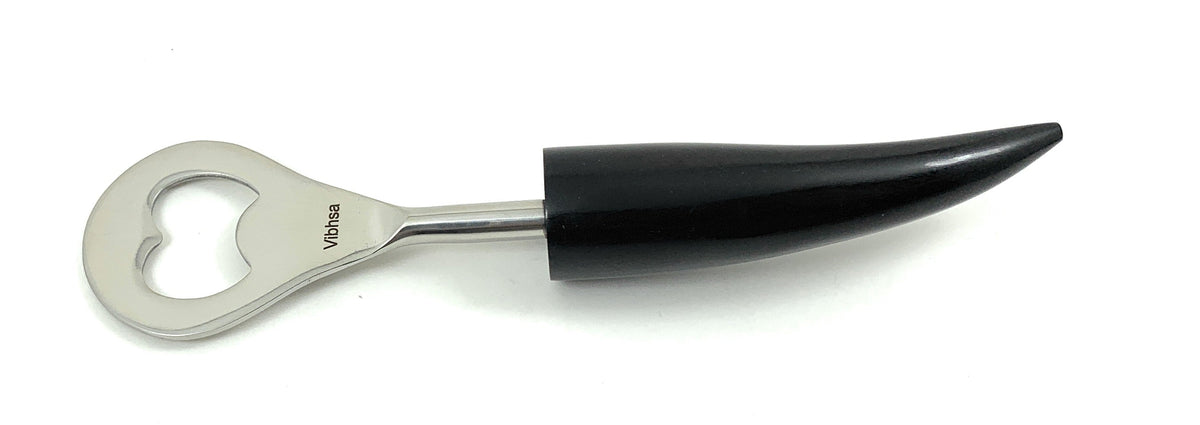 Vibhsa bottle opener with black horn resin handle and stainless head, part of bar tools kit on Tampa Home & Garden Store