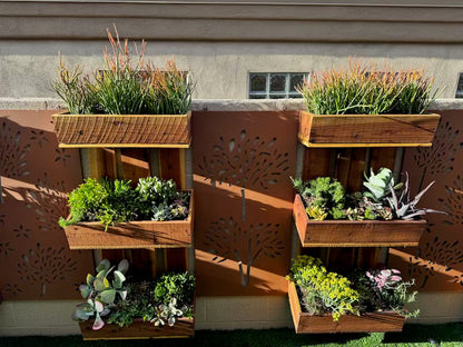 Outdoor privacy screen wall art with wooden planters on a rust metal panel by Rustica Ornamentals on Tampa Home & Garden Store