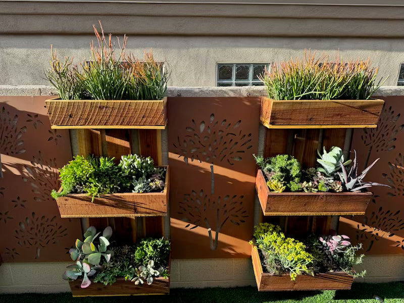 Privacy screens outdoor wall art with 6 planters of succulents and grasses on a metal panel on Tampa Home & Garden Store