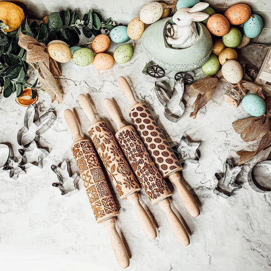 Easter + Spring rolling pins by Gia Roma, four carved wooden rollers with floral patterns on Tampa Home & Garden Store