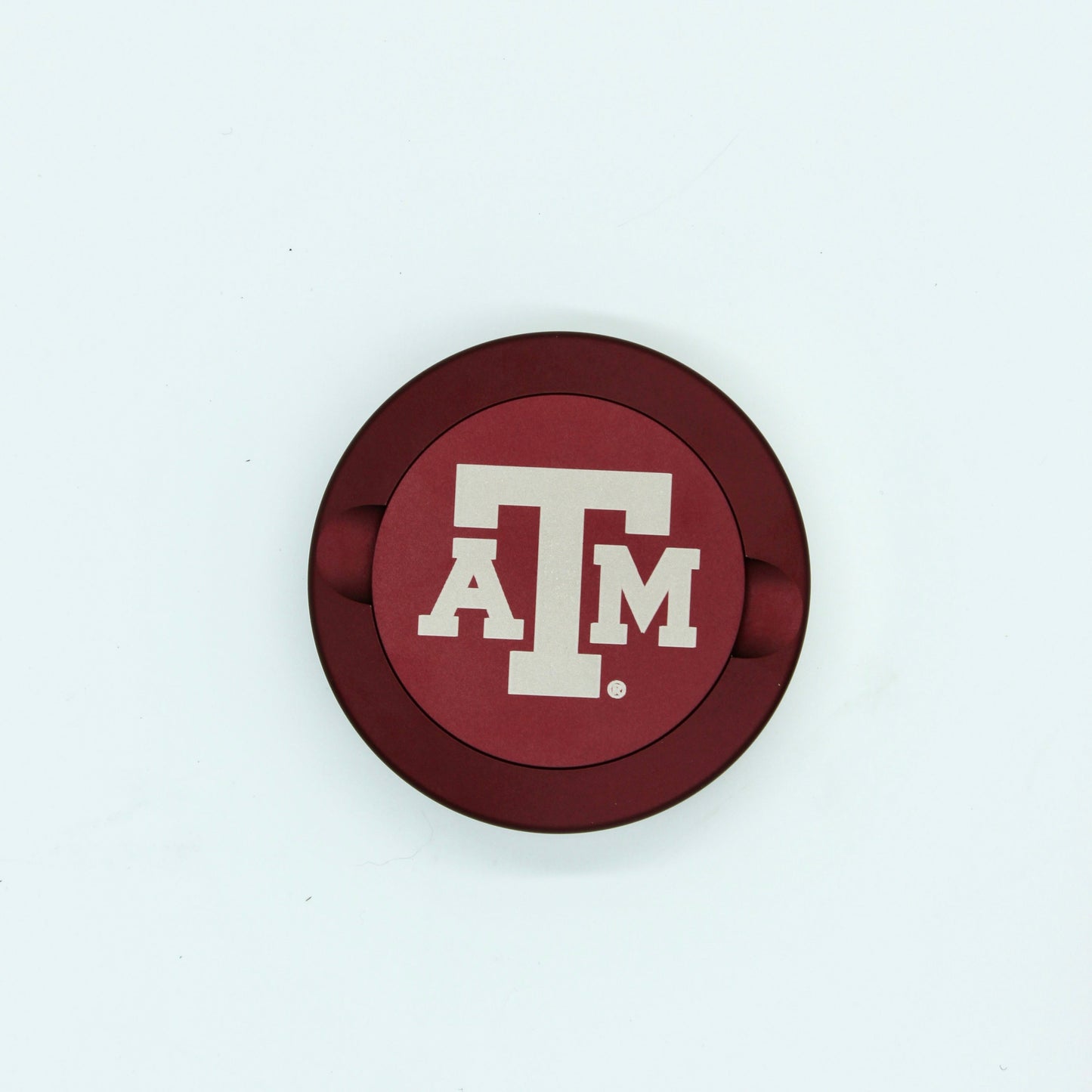 Texas A&M metal nicotine pouch can lid in red with A&M logo Ryan's Woodworking accessory on Tampa Home & Garden Store