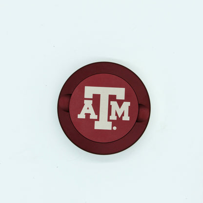 Texas A&M metal nicotine pouch can lid in red with A&M logo Ryan's Woodworking accessory on Tampa Home & Garden Store