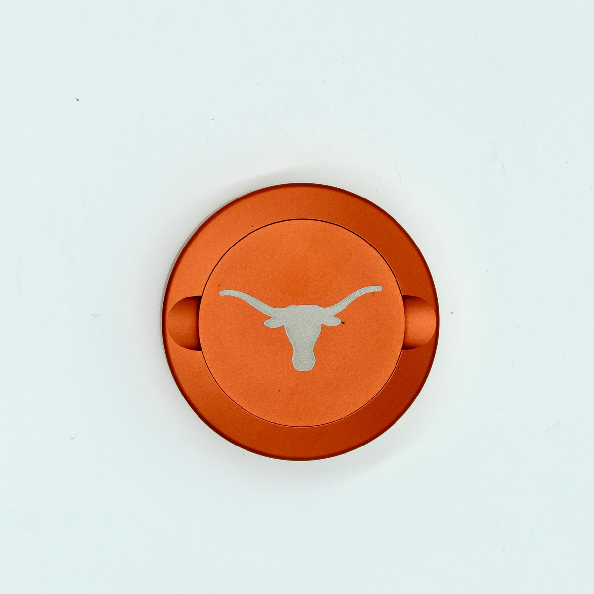 Orange metal nicotine pouch can lid with silver Texas Longhorn logo by Ryan's Woodworking on Tampa Home & Garden Store