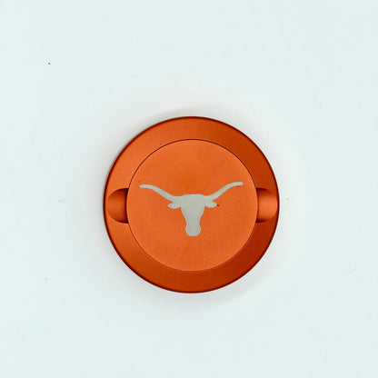 Orange metal nicotine pouch can lid with silver Texas Longhorn logo by Ryan's Woodworking on Tampa Home & Garden Store