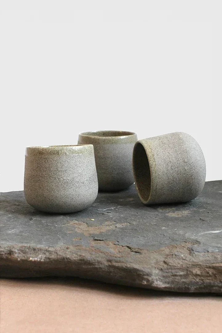 Handmade stoneware coffee cup concrete by Creating Comfort; speckled gray trio on slate on Tampa Home & Garden Store