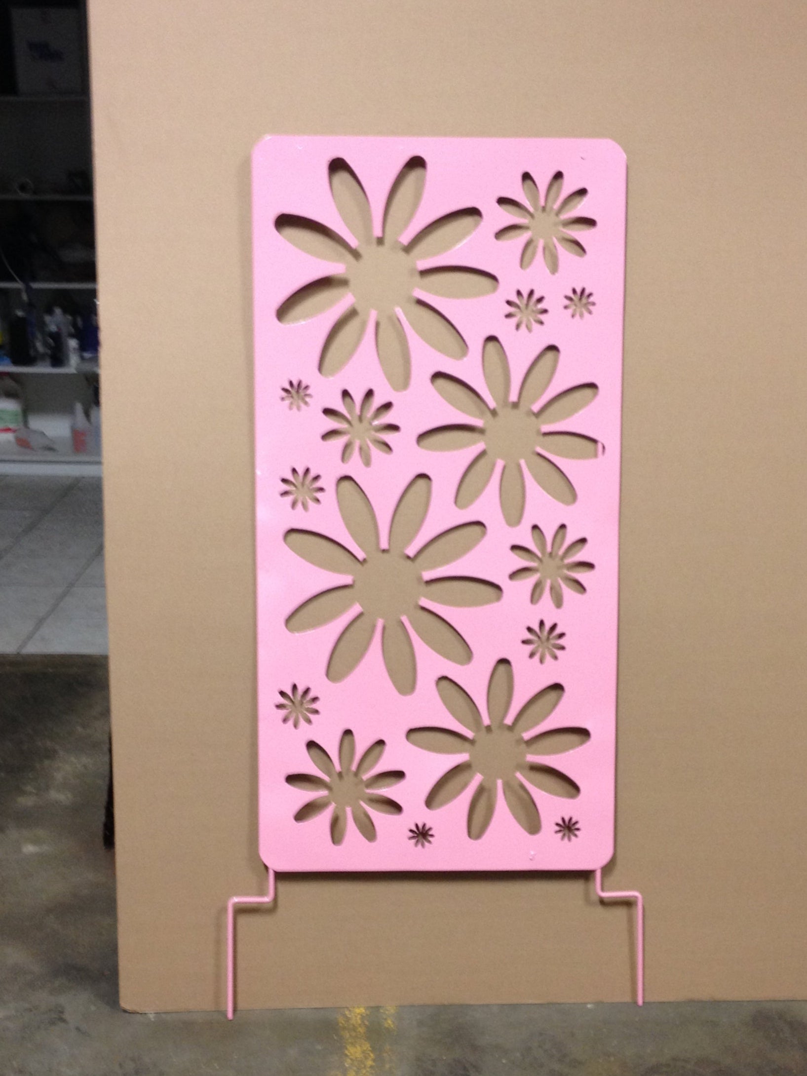Outdoor privacy screen panel pink heavy-duty steel with floral cutouts on Tampa Home & Garden Store