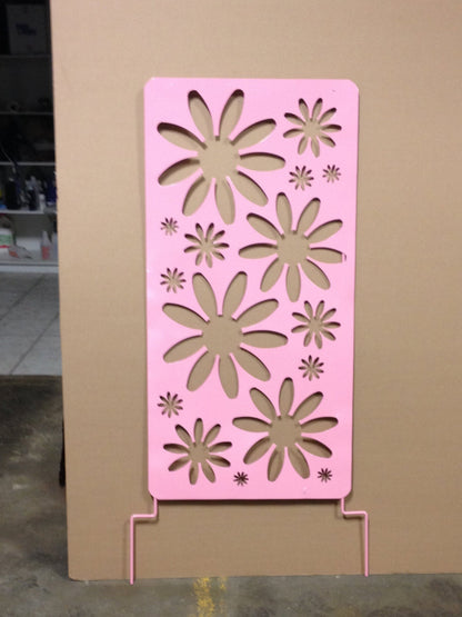 Outdoor privacy screen panel pink heavy-duty steel with floral cutouts on Tampa Home & Garden Store