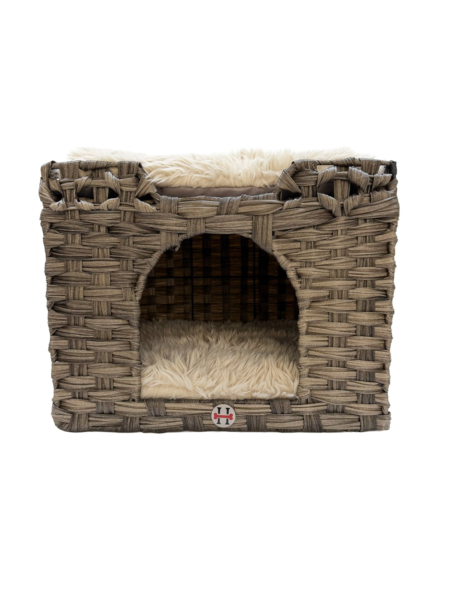 Huntley Pet Cat House woven wicker condo with gray cushion bed and beige faux fur interior on Tampa Home & Garden Store