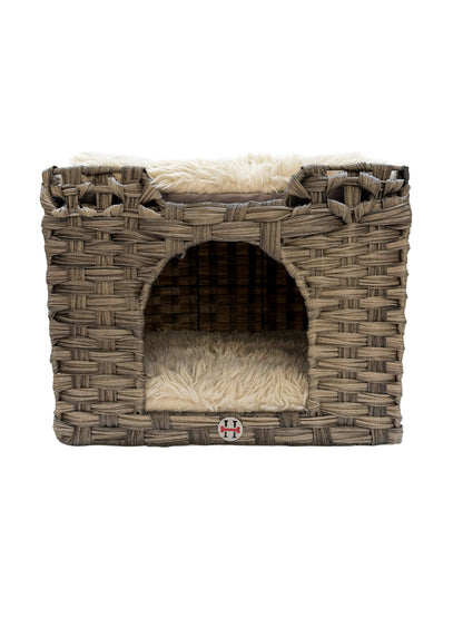 Huntley Pet Cat House woven wicker condo with gray cushion bed and beige faux fur interior on Tampa Home & Garden Store
