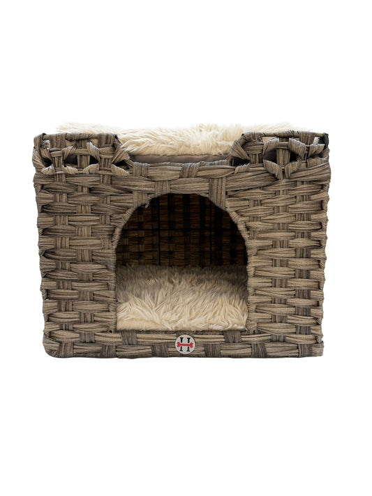 Huntley Pet Cat House woven wicker condo with gray cushion bed and beige faux fur interior on Tampa Home & Garden Store