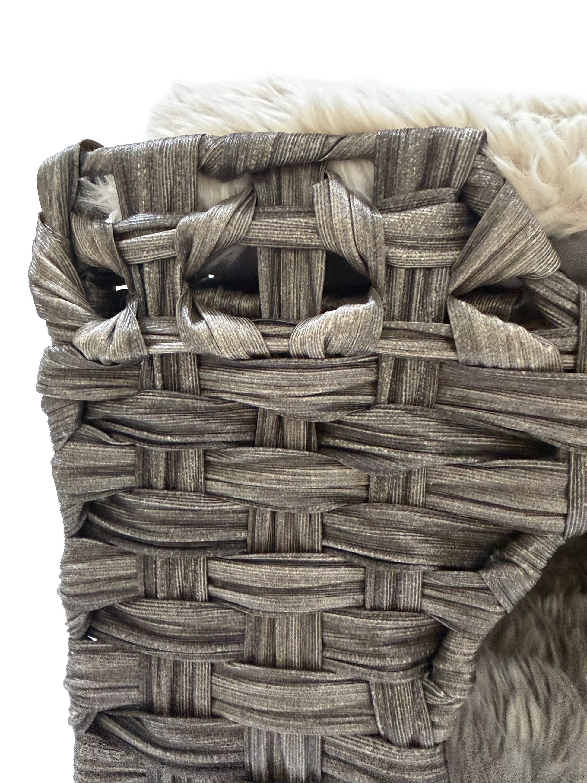 Huntley Pet Cat House, Gray woven basket with faux fur lining and 2-cushion bed on Tampa Home & Garden Store