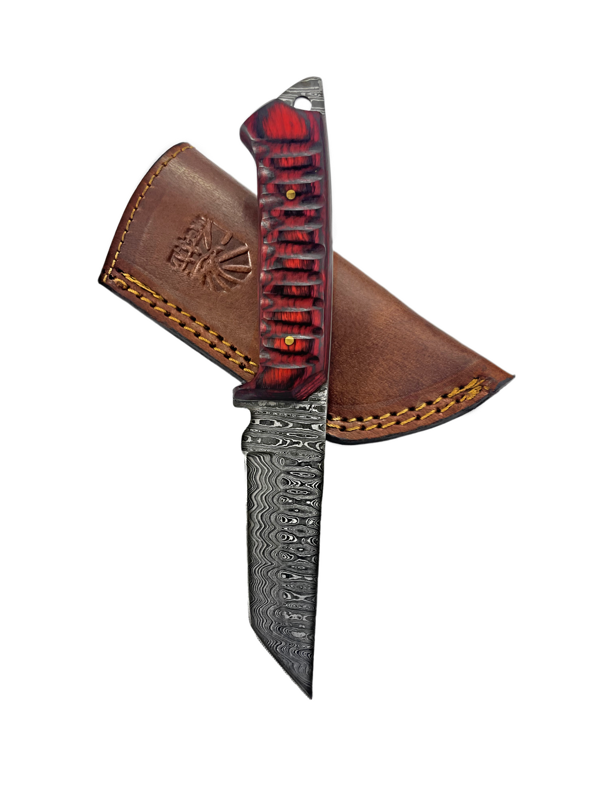 Titan Diver knife with Damascus blade and red and black textured handle leather sheath on Tampa Home & Garden Store