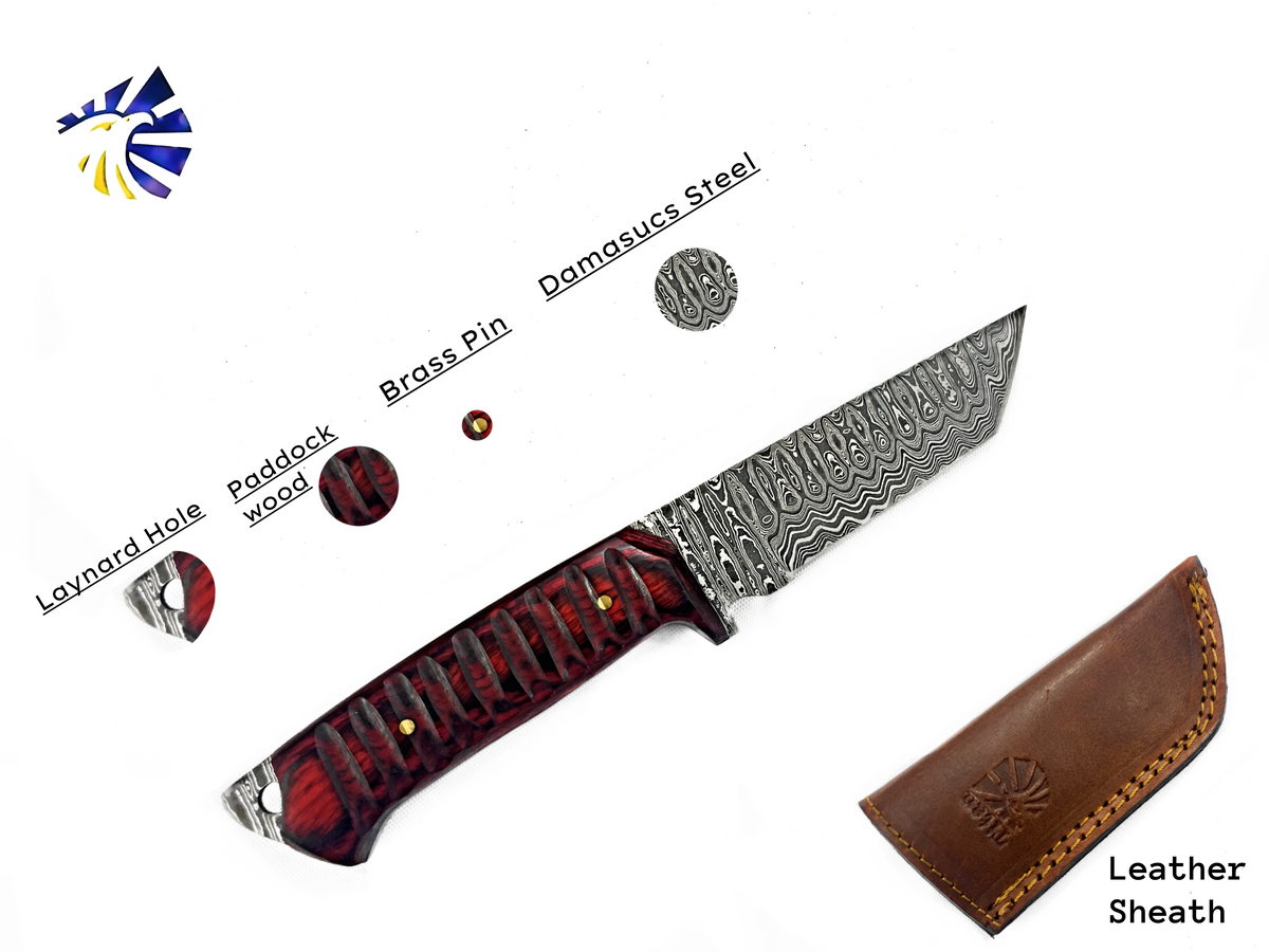 Titan Diver knife TD-275 with Damascus steel blade and red/black handle, leather sheath on Tampa Home & Garden Store