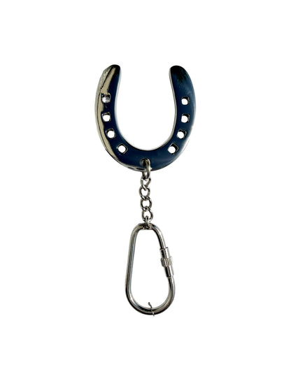 Huntley Equestrian silver horseshoe keychain with blue enamel and perforated holes; chain link on Tampa Home & Garden Store