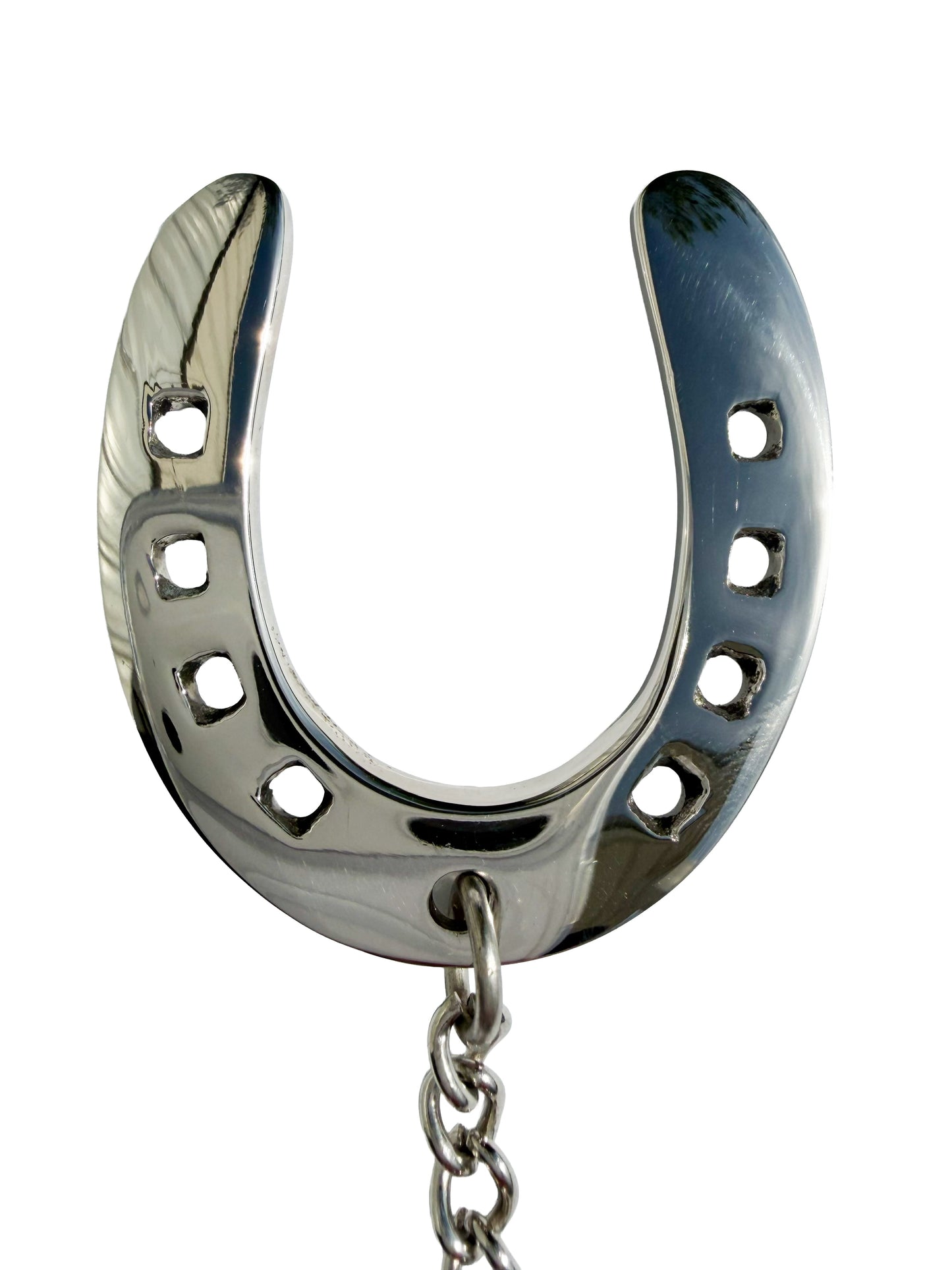 Huntley Equestrian silver horseshoe keychain with cutout holes and metal chain on Tampa Home & Garden Store