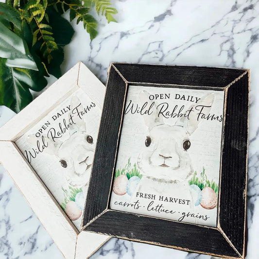 Two Wild Rabbit Farms wooden block signs with rabbit illustration and Open Daily text, frames on Tampa Home & Garden Store