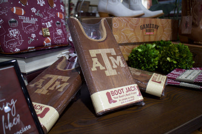 Texas A&M Boot Jack boot pull by Ryan's Woodworking in brown wood finish on Tampa Home & Garden Store